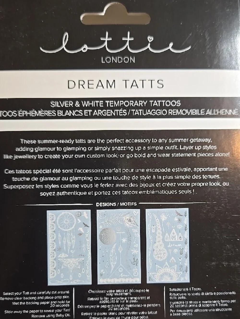 Lottie London Dream Tatts - Silver & White Temporary Tattoos 2 Pk - Picture 2 of 6